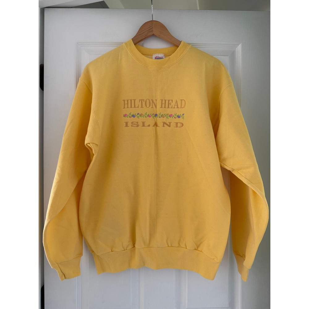 Vintage 90s Hilton Head Embroidered Yellow Crewneck Travel Retro
